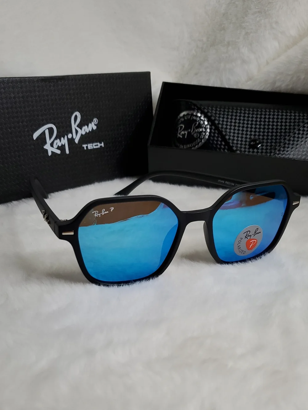 Ray-Ban Black Frame Sunglasses with Blue Mirrored Lenses - Hexagonal Style